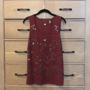 Beautiful Burgundy BKE Boutique Tank with Lace and Gunmetal Sequins & Beading!